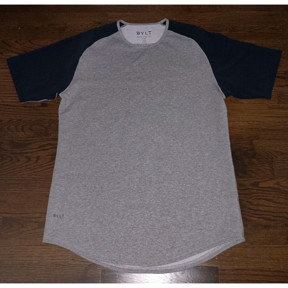 Bylt Shirt Mens Large Drop Cut Lux Cotton Blend T-Shirt Gray Navy Blue